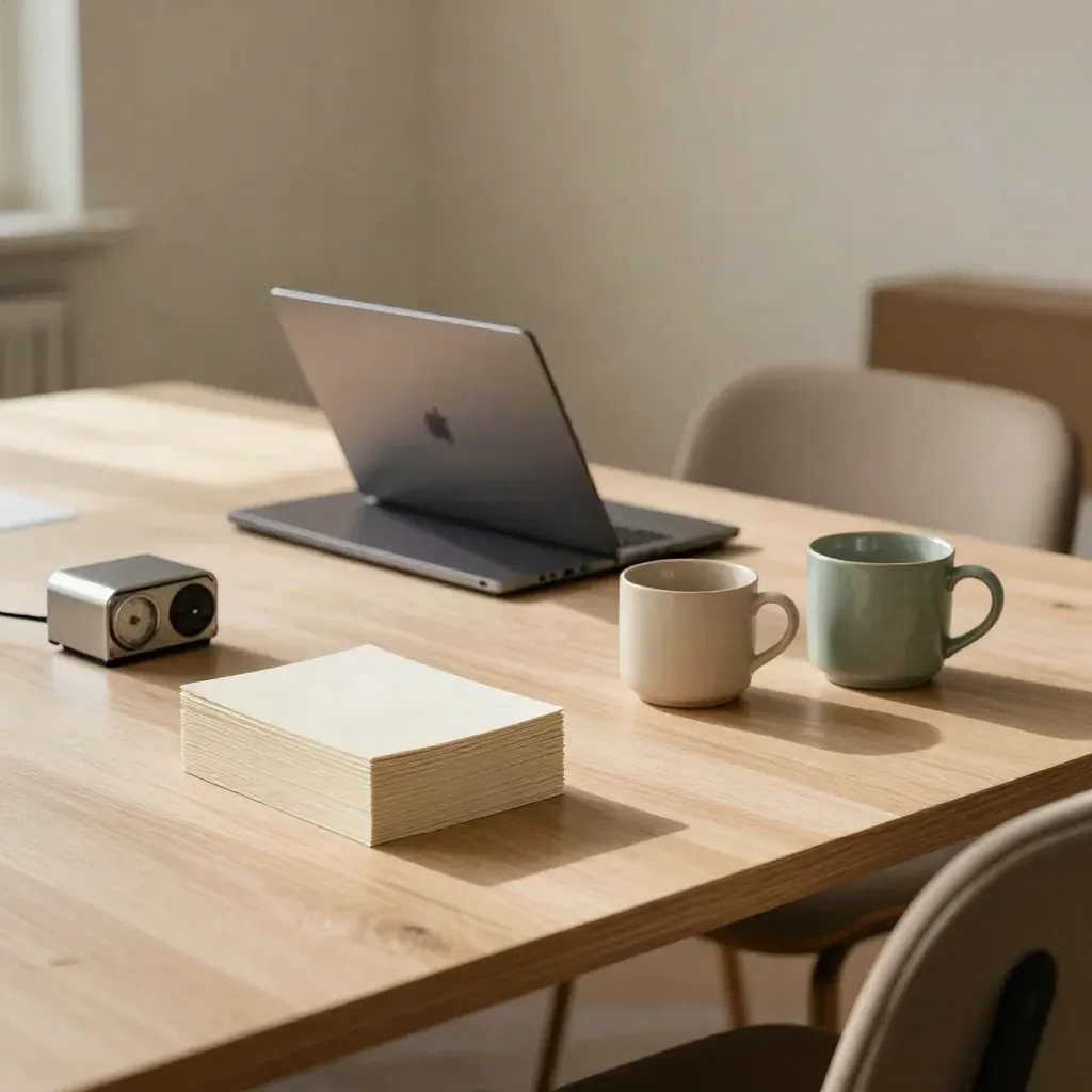 Quiet training room table with cue cards, closed laptop, mugs and timer in warm light.