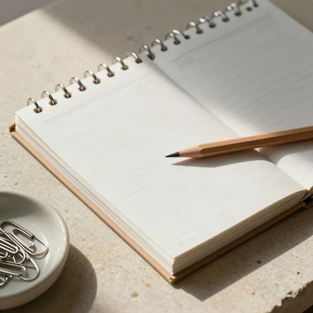 Top-down view of blank HR form sleeves, binder rings, pencil, and a dish of clips on warm stone.