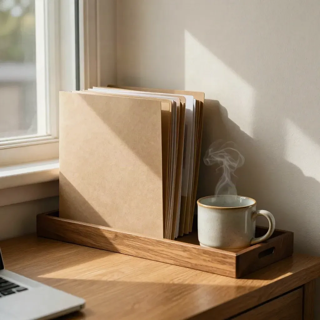 Charity office corner with folders, plant, mug and tray on oak desk in warm afternoon light.
