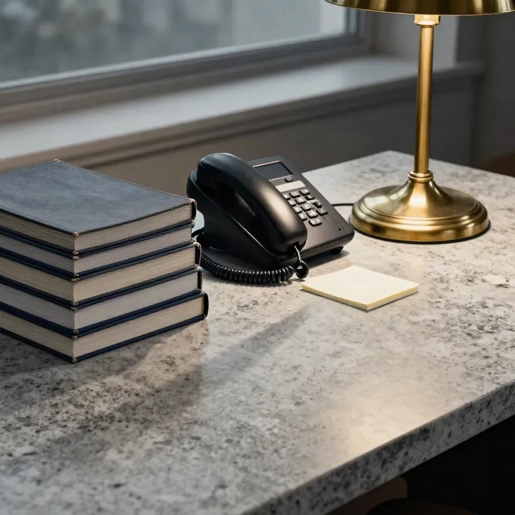 Legal volumes, desk phone, note card and brass lamp on a stone desk at dusk.