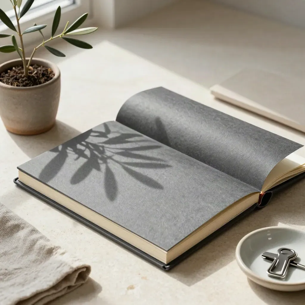 Slate policy binder with olive plant, linen cloth and a ceramic dish of clips on pale stone.