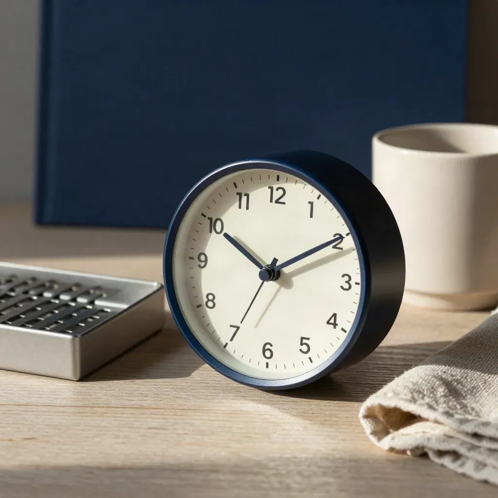 Desk clock with punched card tray, cloth and cup on pale wood under side light