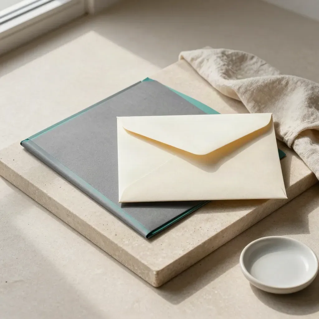 Stone tray with envelope, file folders and ceramic dish in cool window light.