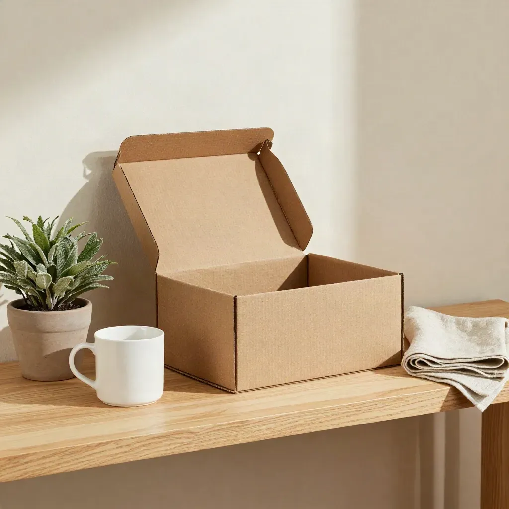 Open kraft file box with plant, mug and linen on an oak shelf in soft daylight.