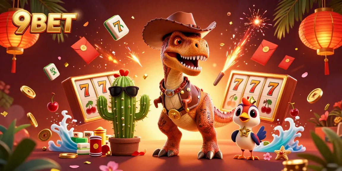 Experience the thrill of 9BET with an engaging cartoon scene featuring T-Rex and gaming elements.