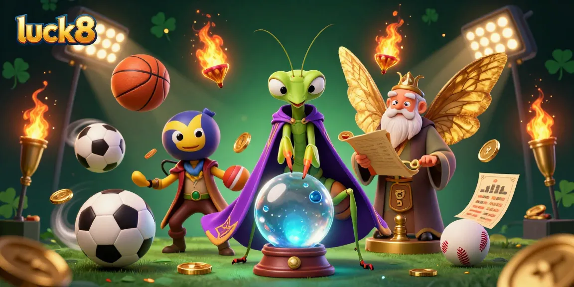 Engage in thrilling sports betting insights with luck8's vibrant 3D scene of fortune tellers and dynamic elements.