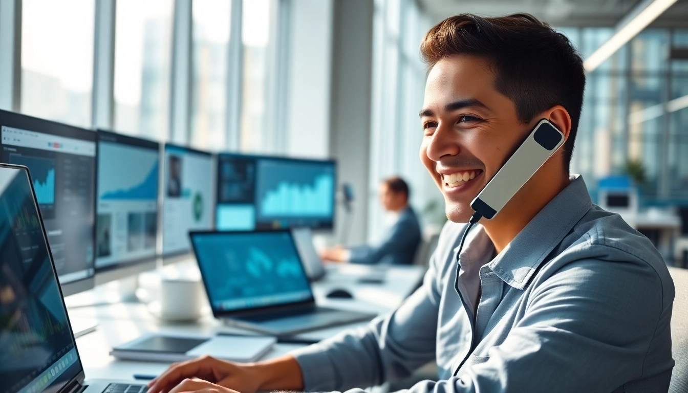 Engage directly with a cloud business phone system in a modern office environment.
