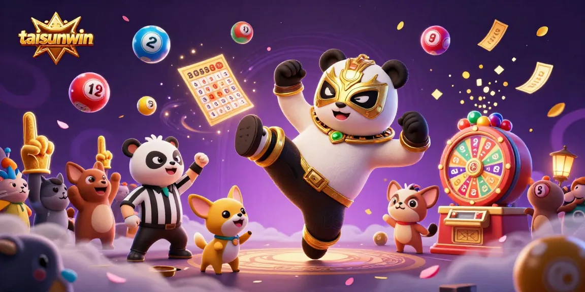 Engaging scene showcasing taisunwin with a wrestling panda and animal spectators among vibrant lottery elements.