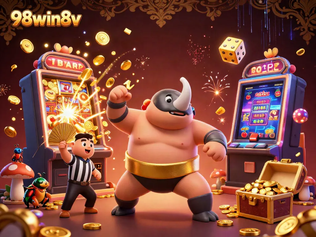 Experience thrilling action at 98win8v with our cartoon championship scene featuring a beetle sumo champion and a vibrant casino backdrop.