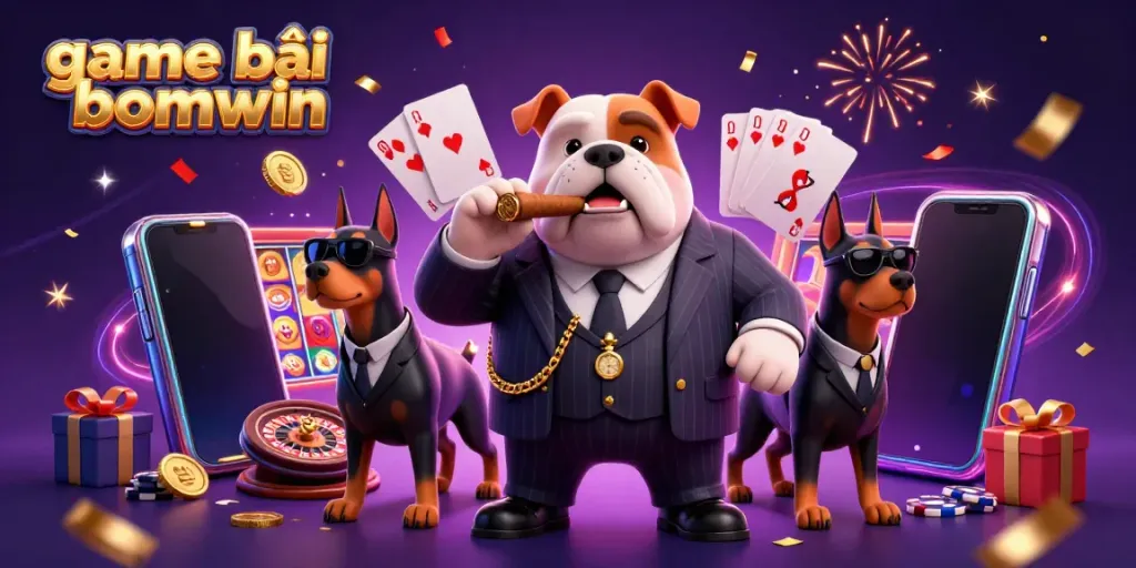Experience the excitement of game bài bomwin with a dynamic illustration featuring a mafia boss and action-packed gambling elements.