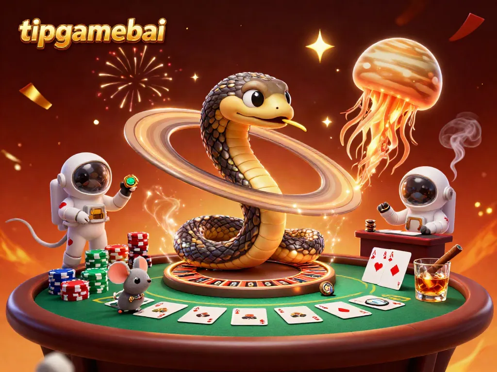 Bet on tipgamebai with vibrant 3D casino illustration of snake roulette and cosmic dealer.