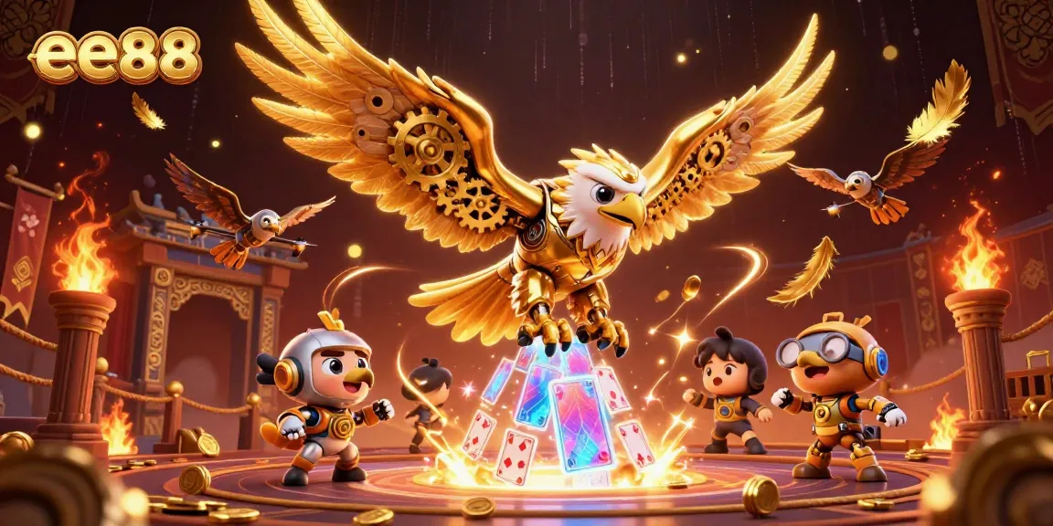 Experience thrilling gambling action with ee88, featuring a cybernetic eagle among dazzling cards and gold.