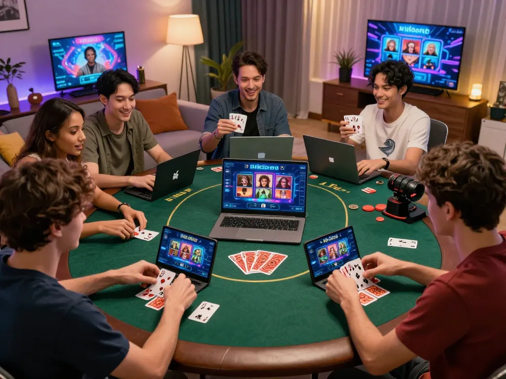 Engaged players enjoying Rik VIP online gaming platform with diverse card games in a cozy living room.
