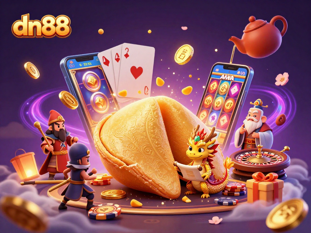 Engage in thrilling gaming at dn88 with a vibrant 3D scene showing fortune cookie magic and casino elements.