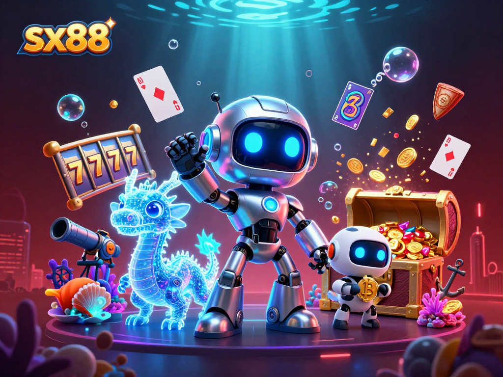 Win big at sx88 with a vibrant casino experience featuring a cartoon robot and treasure!