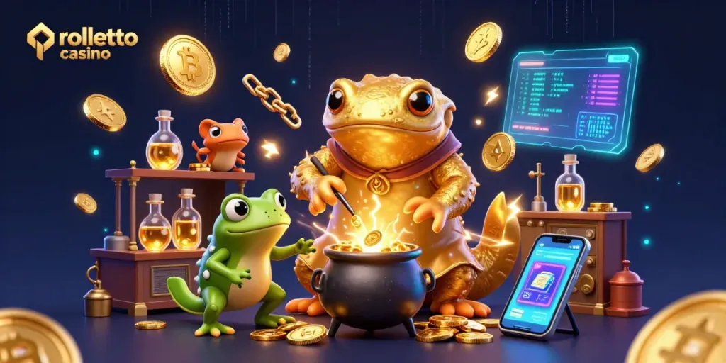 Experience the thrill of rolletto casino with our enchanted alchemist and magical gold-themed scene.