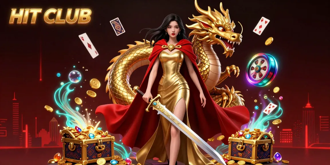 Join the thrilling actions of HIT CLUB with slot reels and a dynamic golden dragon in an ultra-detailed 3D illustration.