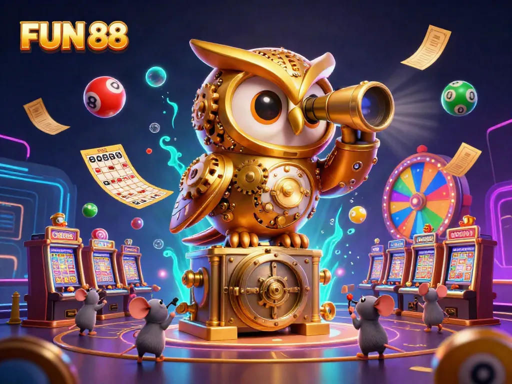 Experience the excitement of FUN 88 with vibrant symbols and dynamic casino elements all around!