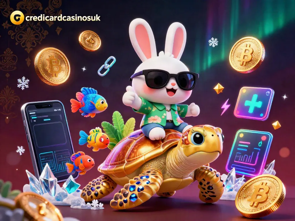 Engage with your luck at creditcardcasinosuk, as a cheerful rabbit rides a golden turtle surrounded by crypto coins.