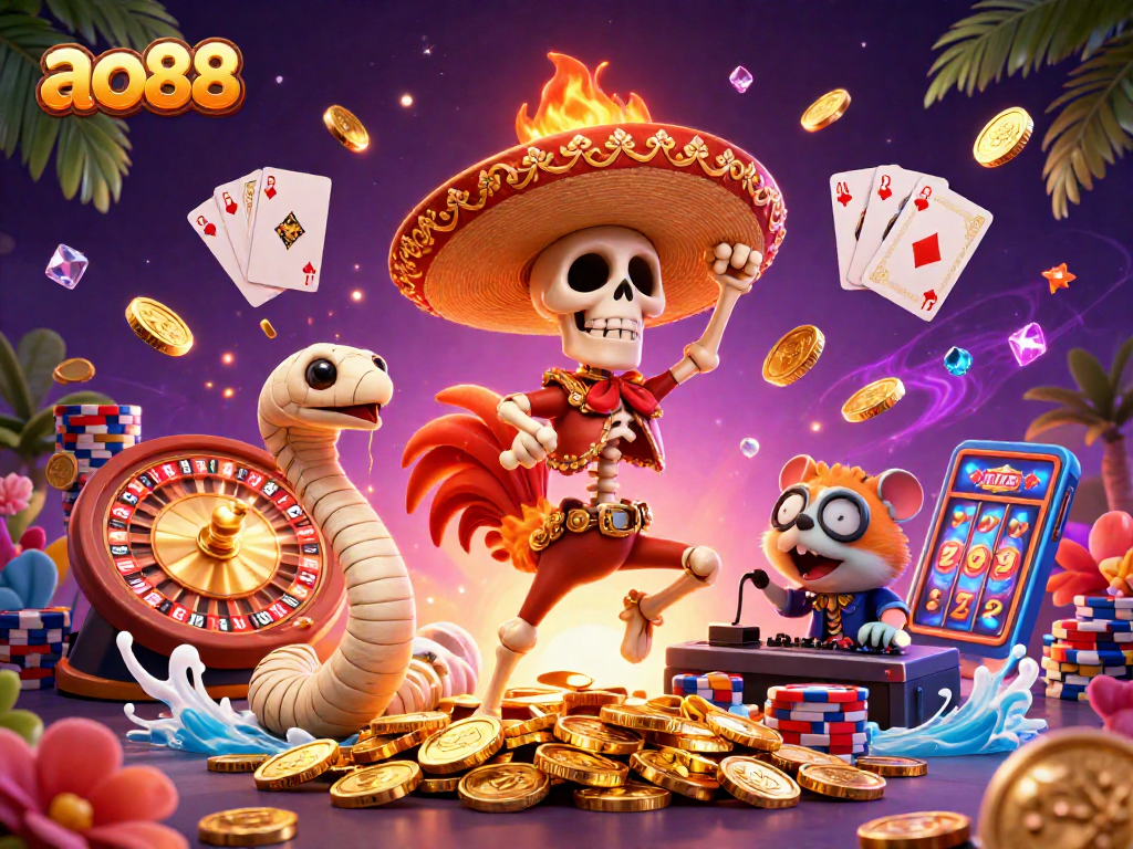 Experience excitement at ao88 with a lively skeleton rooster celebrating wins amidst cascading coins and gems.