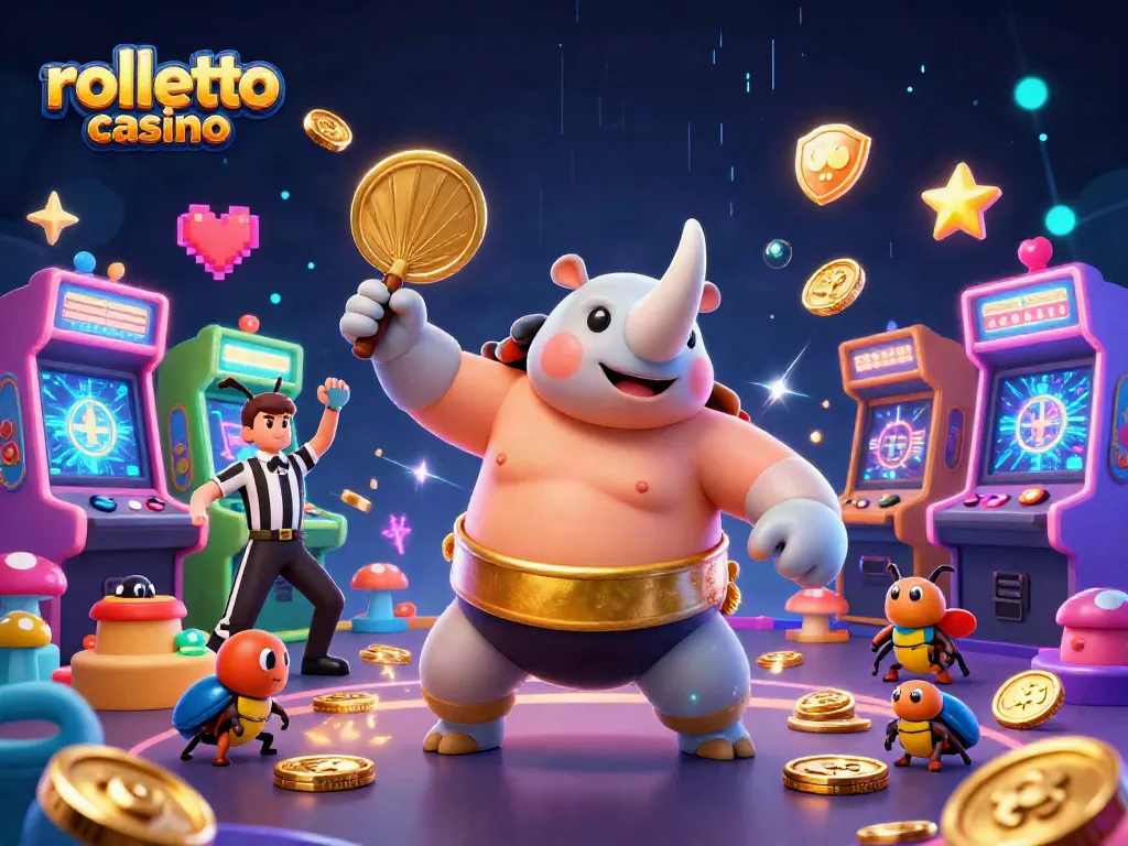 rolletto casino illustration of beetle champion stomping gold coins in a vibrant gaming scene
