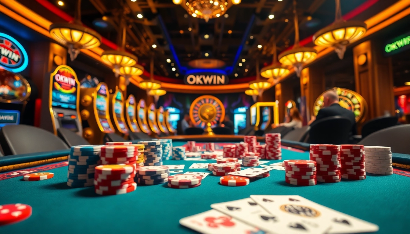 Players revel in an exciting game at the OKWIN casino table, with colorful chips and cards.