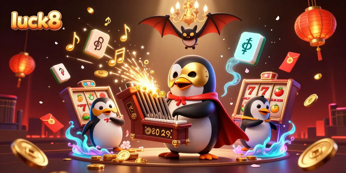 Engage with luck8's vibrant casino scene featuring a penguin organist and acrobat above.