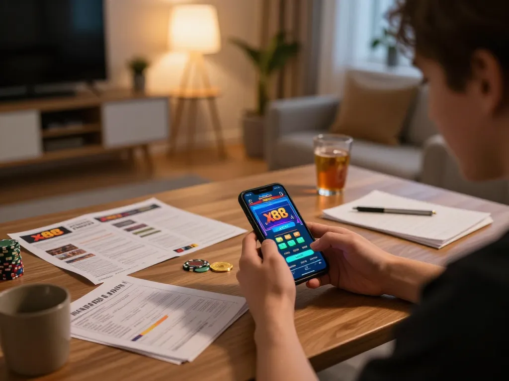 x88 smartphone gaming app shown in lively home setup during late night