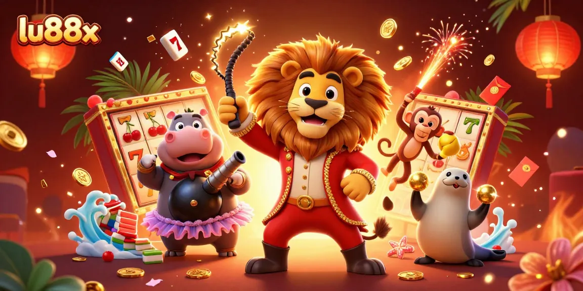 Spin to win with lu88x: a lively carnival scene featuring a lion ringmaster and friends.