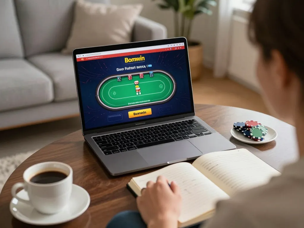 Player exploring Bomwin's online poker game on a laptop at home, capturing a relaxed gambling experience.