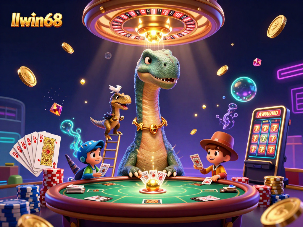 Experience the excitement of llwin68 as a giant brontosaurus oversees an energetic casino scene.