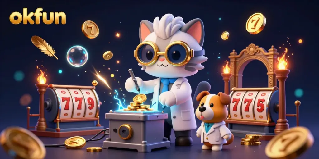 Experience excitement at okfun Casino with a mad scientist cat and dog celebrating jackpots in a dynamic gaming lab.
