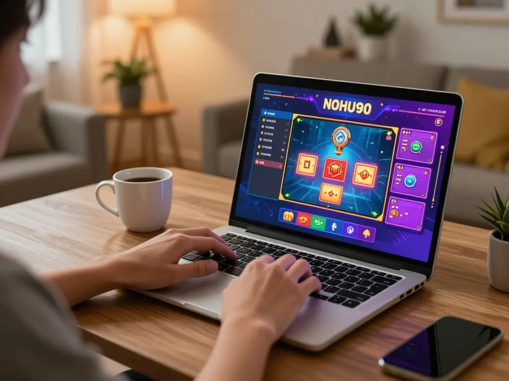 Player engaged in strategic gaming on NOHU90 with vibrant interface displaying thrilling casino games