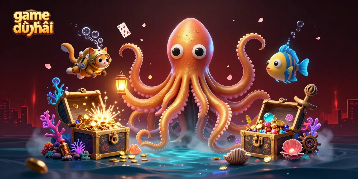 Experience the excitement of game bài uy tín through a vibrant 3D illustration featuring a kraken, diving cat, and colorful fish amidst treasures.