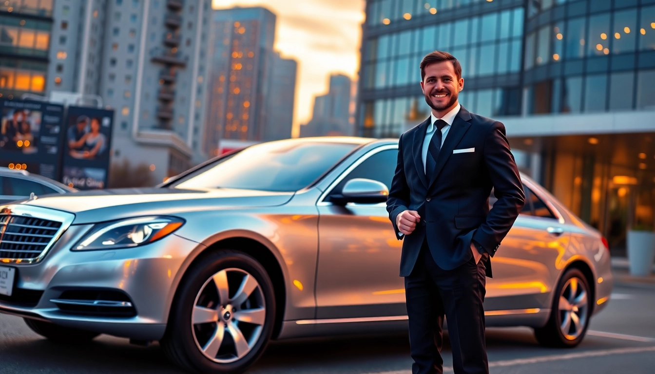 Chauffeur Services Nottingham featuring a luxury vehicle and professional driver in a city setting.