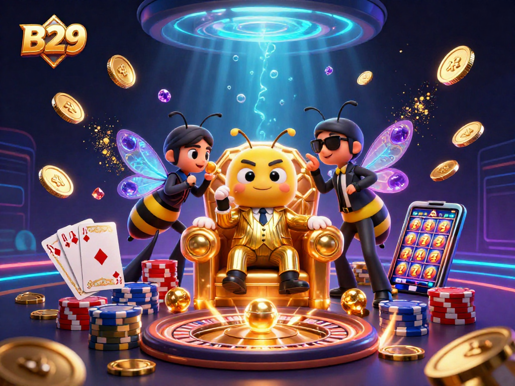B29 showcases thrilling gameplay with a bumblebee mob boss and vibrant casino elements in a dynamic 3D illustration.