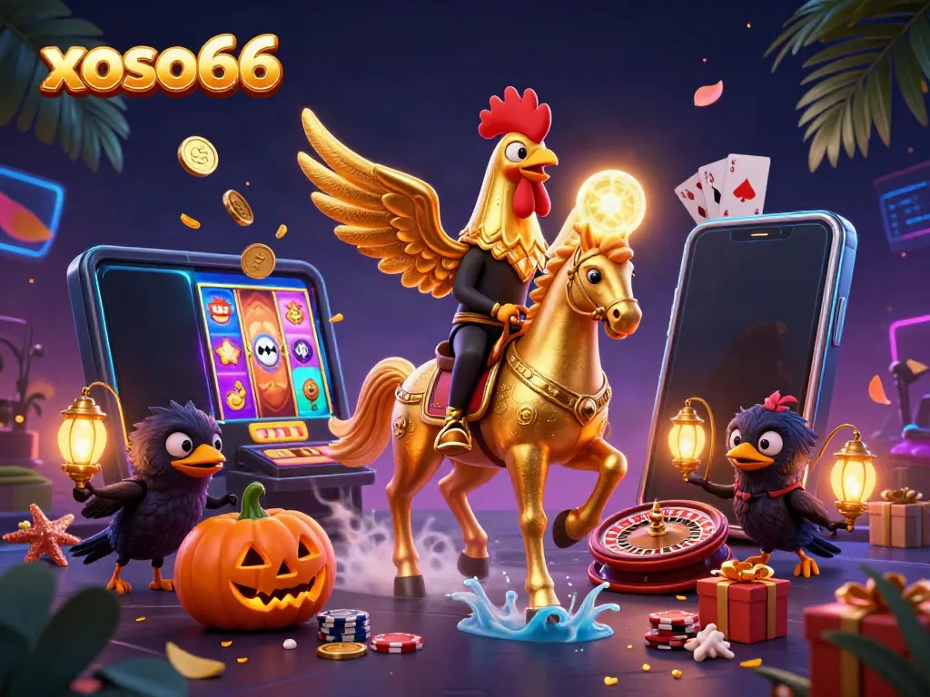 Experience the exciting world of xoso66 with vibrant casino elements and a golden rooster character.