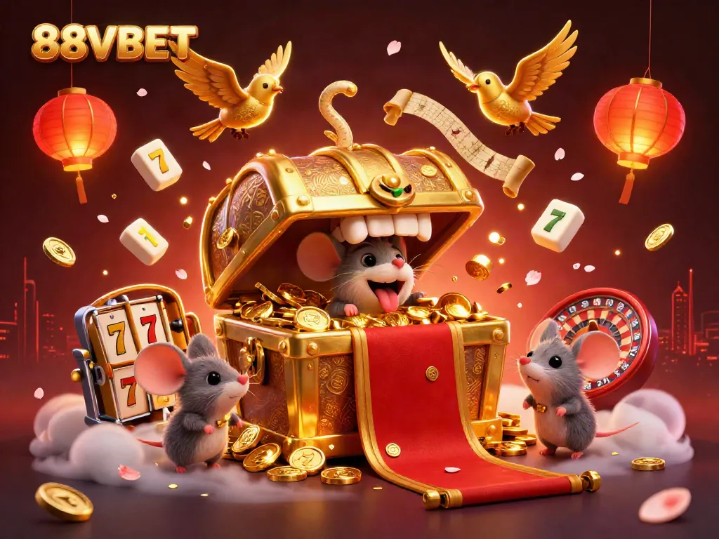 Engage with the vibrant world of 88VBET, featuring glowing elements and 3D tokens in a festive casino atmosphere.