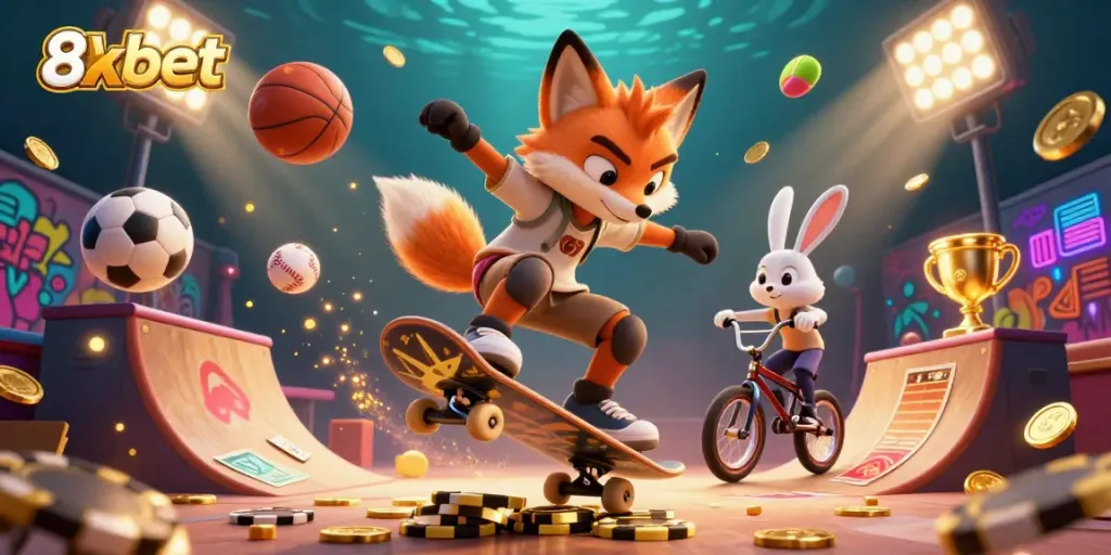 Experience vibrant casino excitement with 8xbet's dynamic scene featuring a skateboarder fox and BMX rabbit.