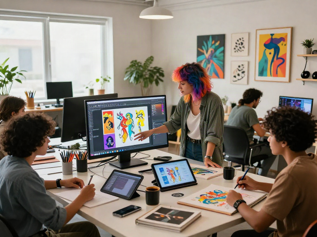 Collaborative workspace focused on nsfw art themes with diverse artists creating in a vibrant studio.