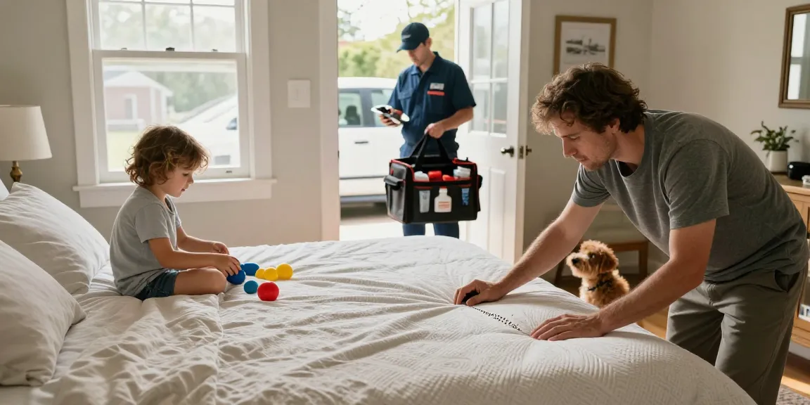 Bed bug exterminator inspecting for bed bugs in a family's bedroom, ensuring a safe home.