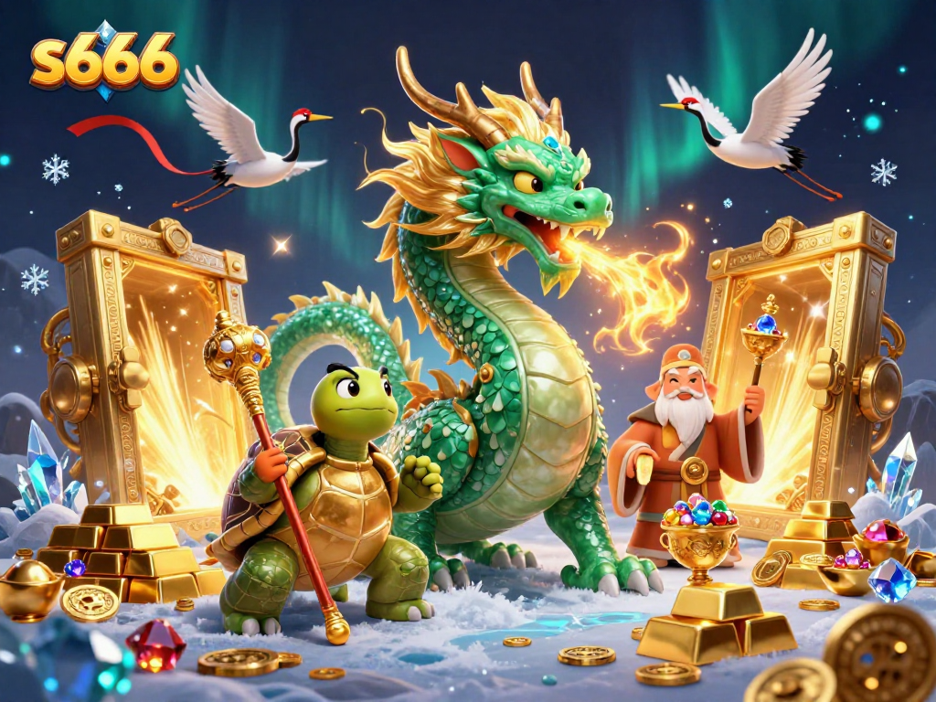 Join the excitement of s666 with a magical dragon, turtle sage, and lucky cranes amidst treasures.