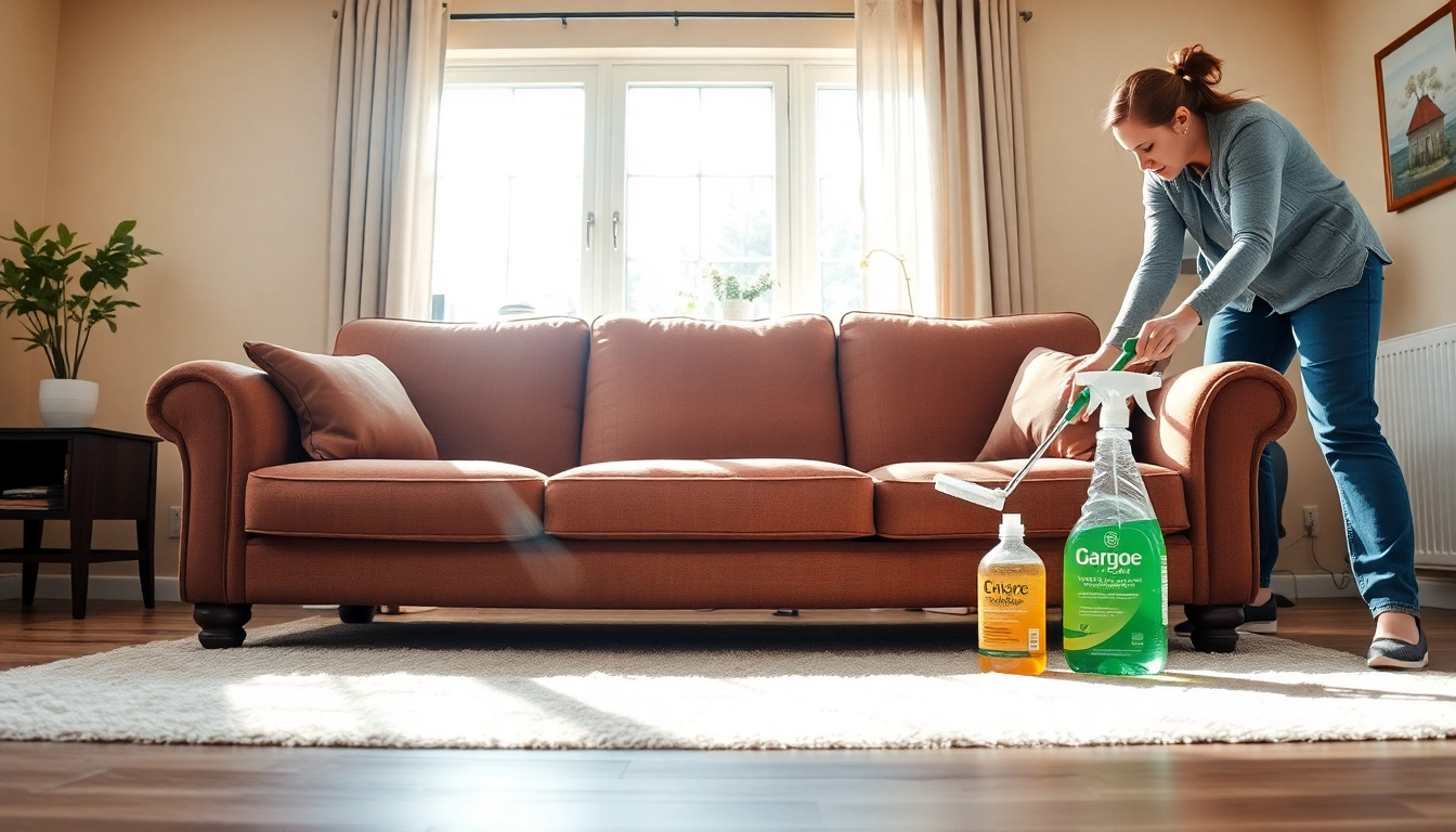 Sofa cleaning in Glasgow in a cozy living room with a professional cleaner showcasing a plush sofa.