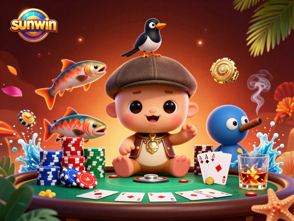 Engage in thrilling poker action with sunwin’s vibrant 3D illustration showcasing playful characters.