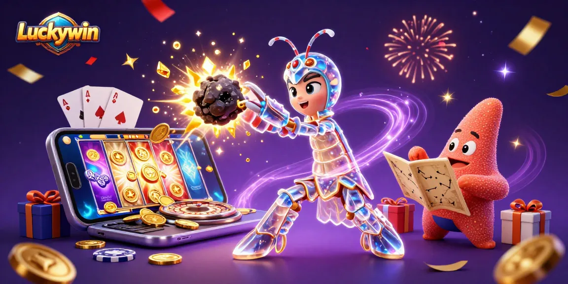 Experience the excitement of Luckywin with a galactic mantis shrimp and gaming elements celebrating wins.