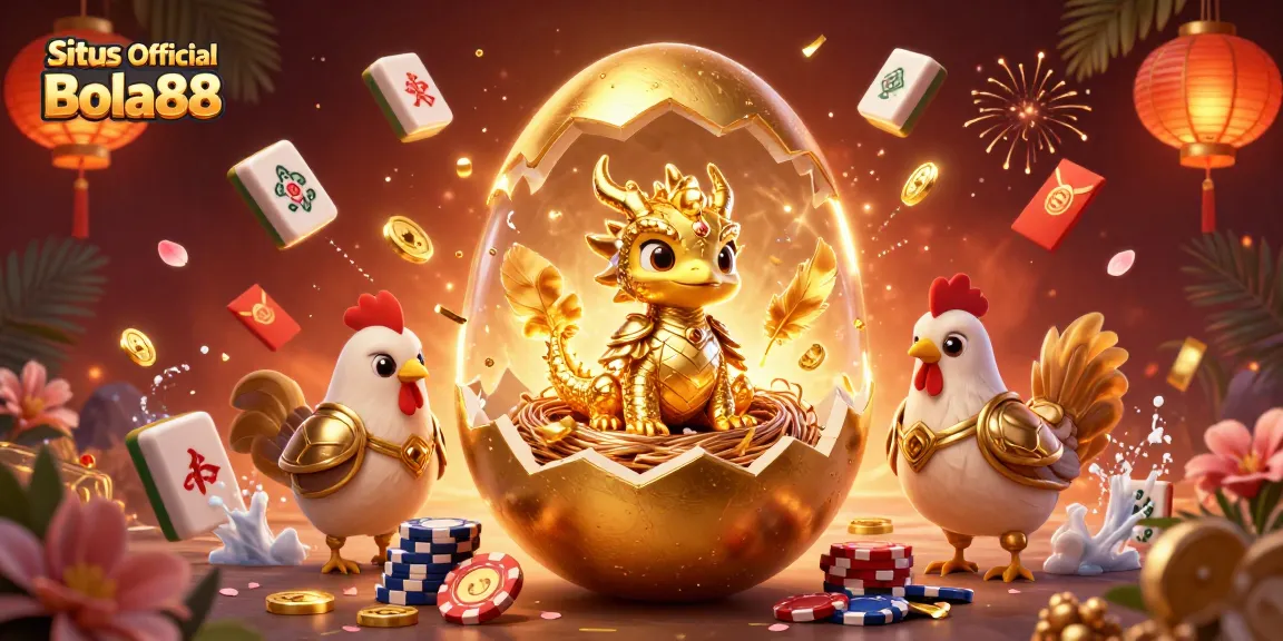Situs Official Bola88 showcases a vibrant illustration featuring a golden dragon and poker chips capturing the casino spirit.