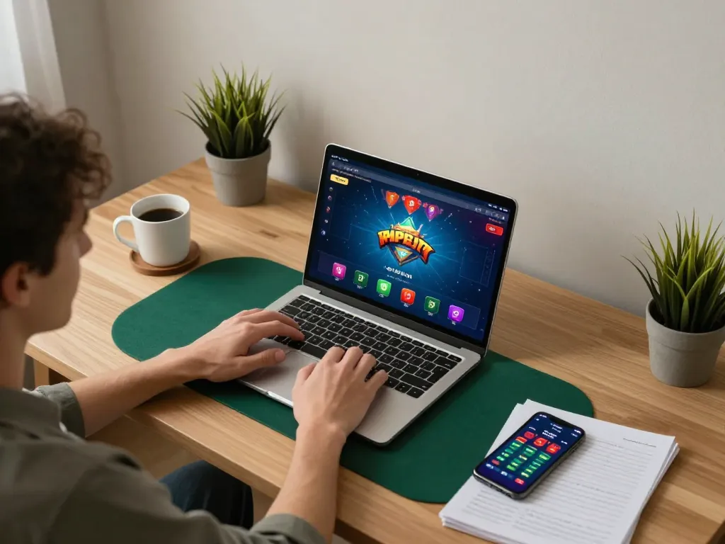 Engage with vin777 on a home gaming setup featuring poker gameplay on a laptop.