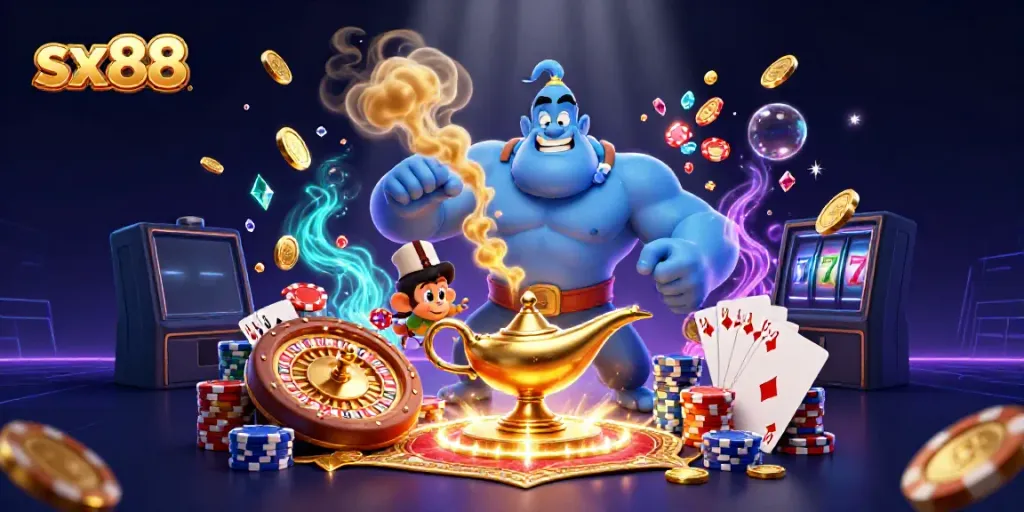 Engage with sx88's colorful casino world through this vibrant 3D illustration filled with dynamic gambling elements.