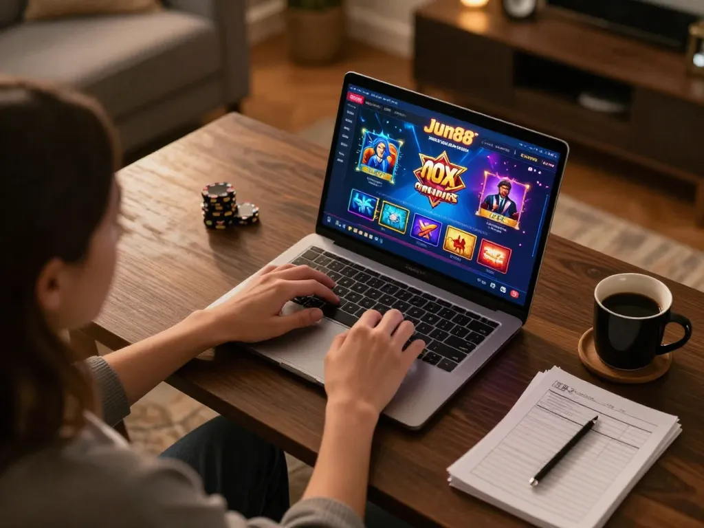 Player engaging with Jun88 online casino, analyzing strategy notes in stylish home office.