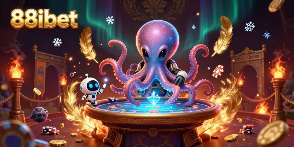 Engaging scene of 88ibet alien octopus playing poker with robot companion amidst dynamic casino elements.